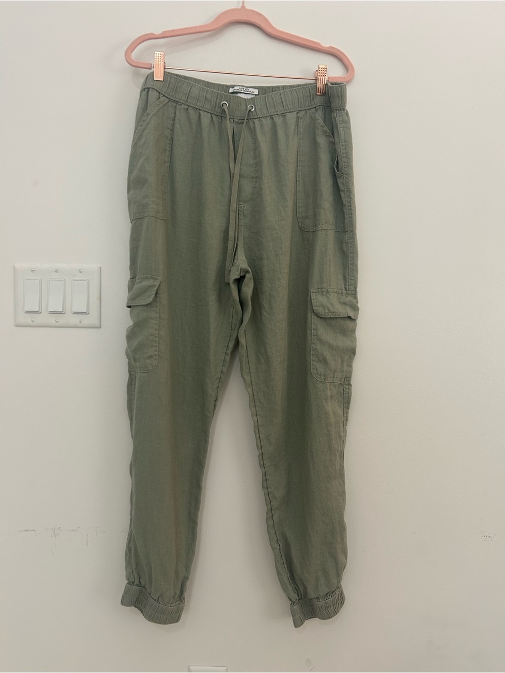 Nicole Miller Womens XL 100% Linen Cargo Jogger Pants Sage Green Utility